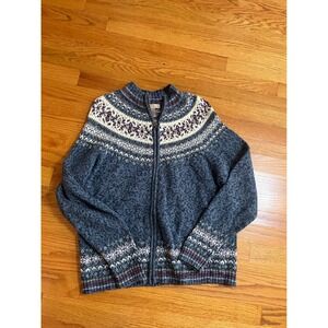 Vtg Y2K MOUNTAIN LAKE Fair Isle Zip Up Sweater  L Blue Multi Color Knit Cozy